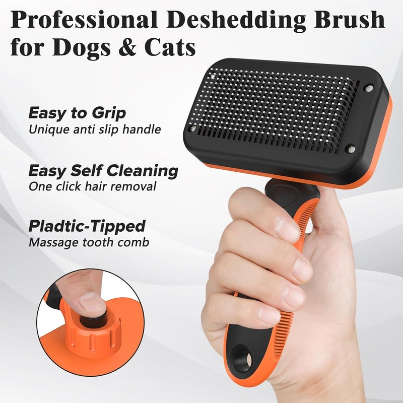HSC 2PCS Self Cleaning Slicker Brush & Dog Comb - Skin Friendly Deshedding Grooming Tool for Dogs, Cats and Small Animals, Professional Deshedding Dematting Tool for Long and Short Haired Pets (Orange) - Image 3